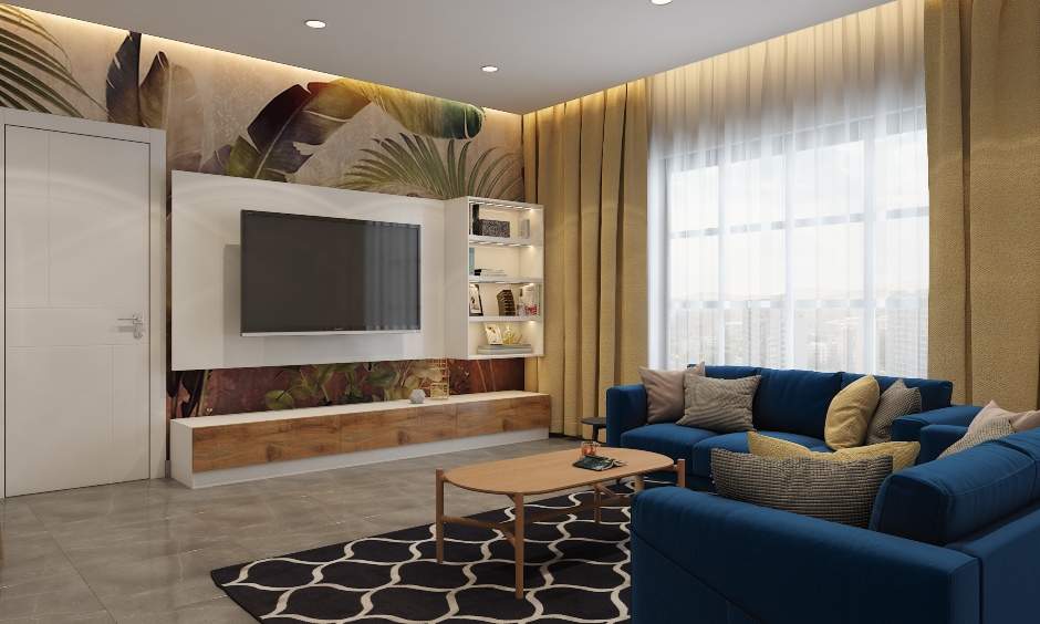 Nature-themed living room with blue l-shaped sofa