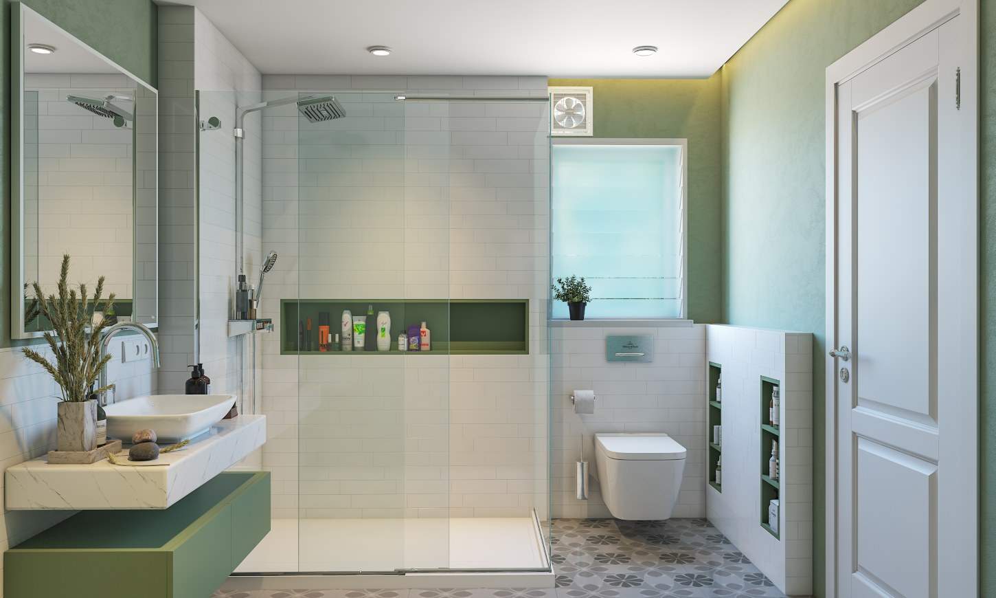 Olive green modern bathroom design with white tiled shower cubicle