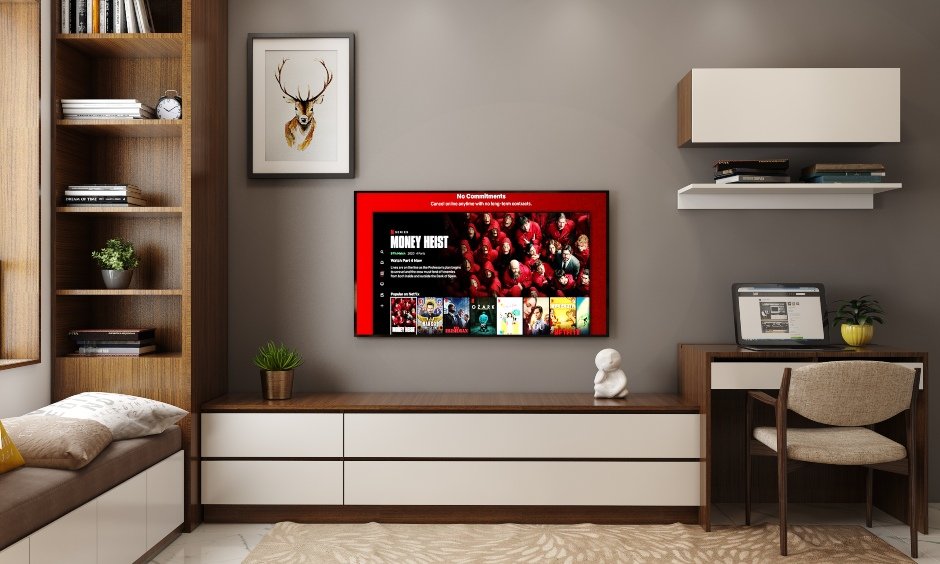 Open set of shelves to display books and decor items in 1bhk house