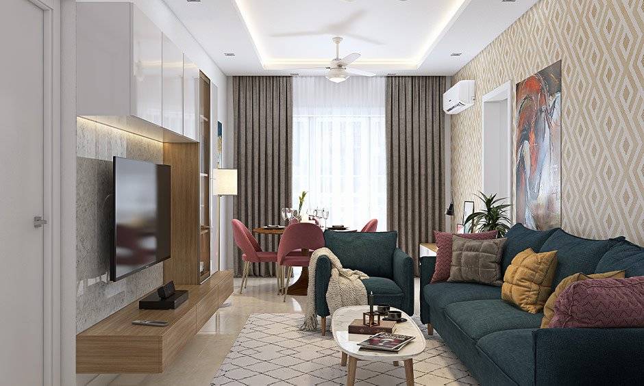 An open small living room cum dining interior