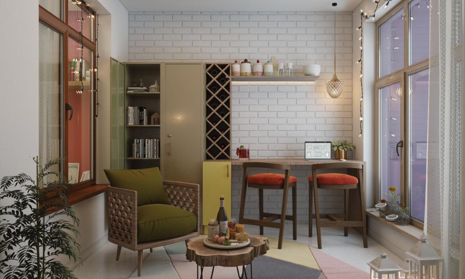 Small stainless steel wardrobe with open storage in a cosy living and dining setu