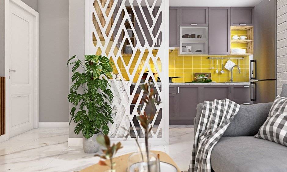 Overhead cabinets and open wooden shelves in 1bhk house modular kitchen design