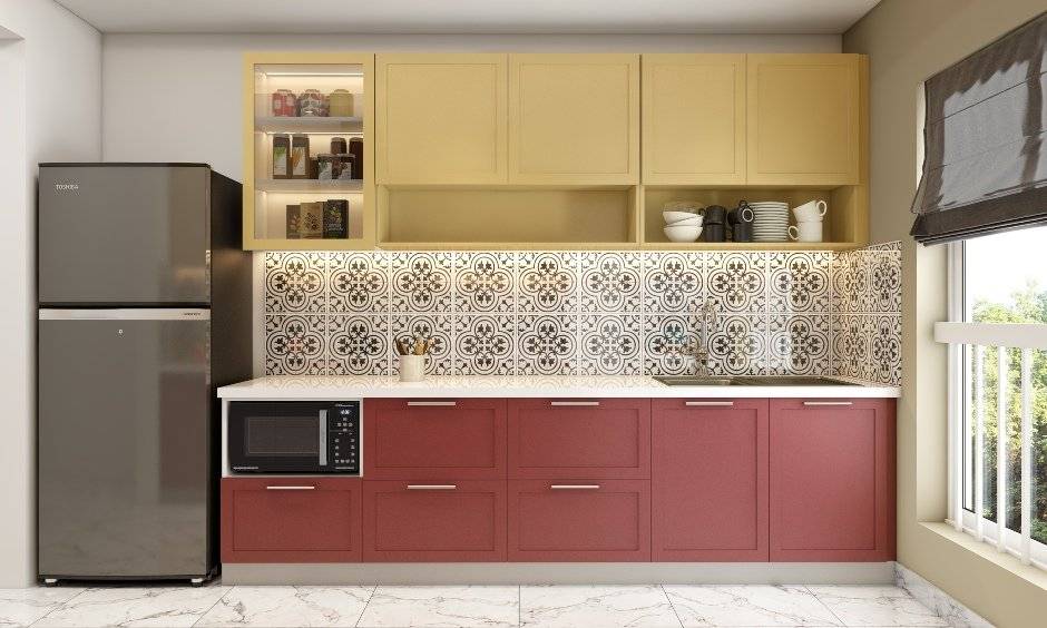 Parallel modular kitchen with a blend of open and closed cabinets in vibrant red and yellow colors.