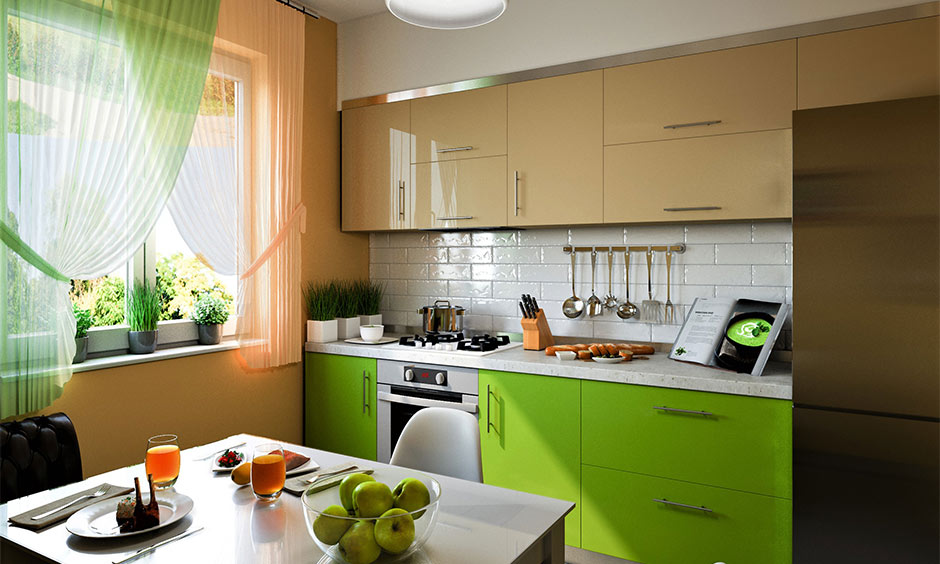 Colourful modular kitchen with lime green cabinets and natural sunlight