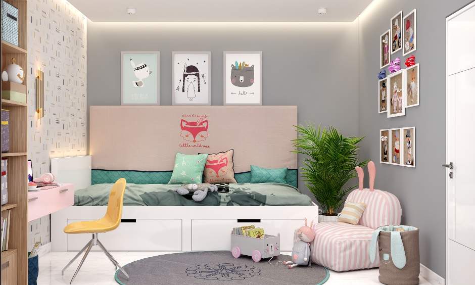 Playful girls bedroom interior with pink accents