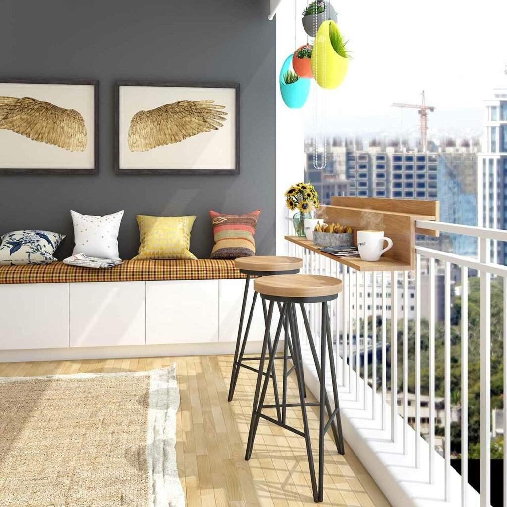 Indian balcony design has fibre mats, hanging trellis and bamboo pots, perfect for apartment balcony design and Indian homes