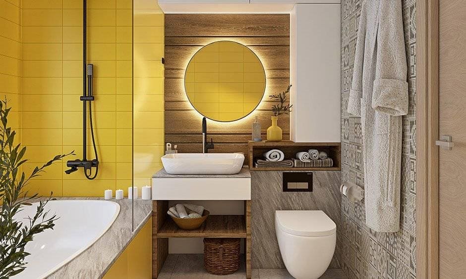 Wicker baskets provides storage for towels in the bathroom
