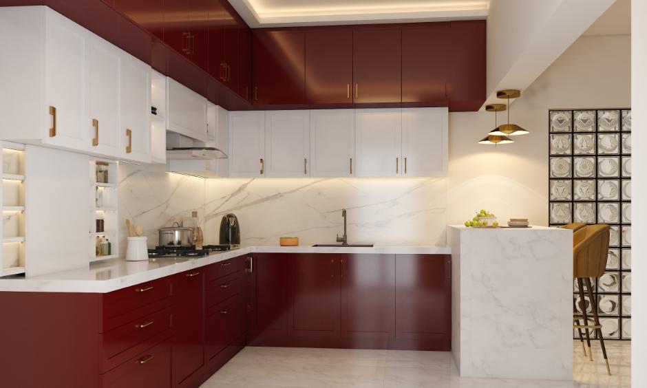 Burgundy shaker cabinets for a sleek U-shaped kitchen