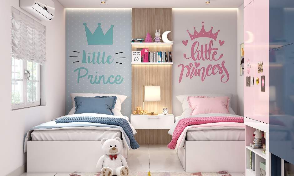 Shared kids bedroom design for siblings in light pink and blue with twin beds