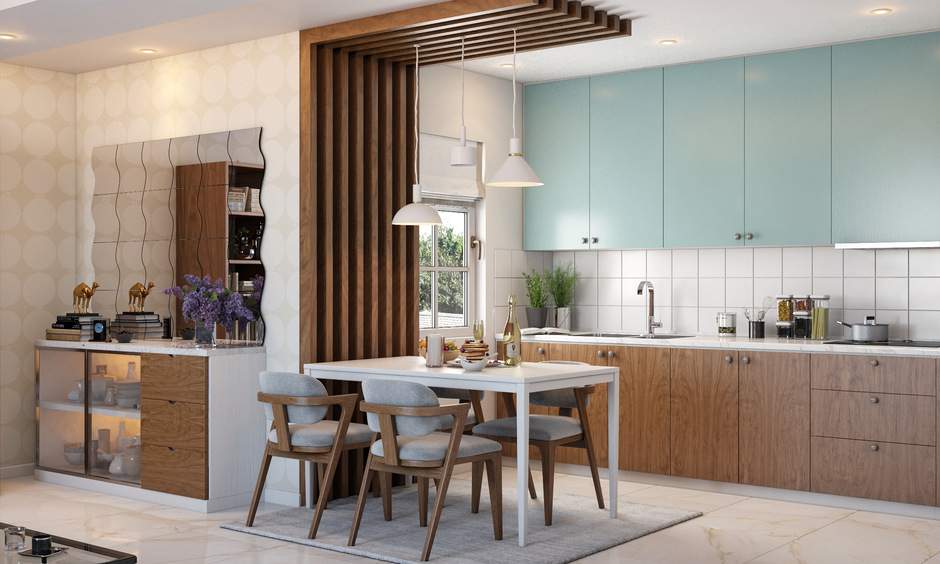 Efficient simple small dining room idea featuring a wall-mounted table and built-in bench seating.