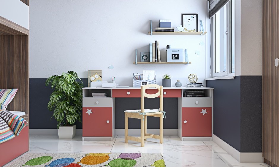 Simple study table design with wall shelves for kids bedroom in 3 bhk flat