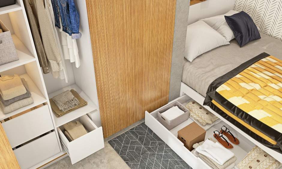 Sliding wardrobe design comes with handless closed drawers for easy compartmentalization is the space-saving wardrobe