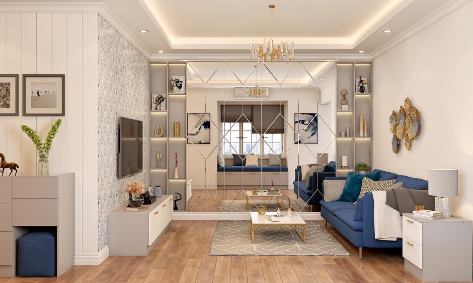 Small living room interior design that uses mirrors cleverly