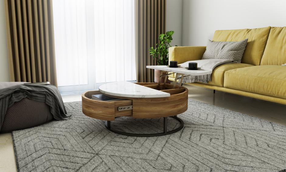 Round coffee table with hidden storage for a small living room