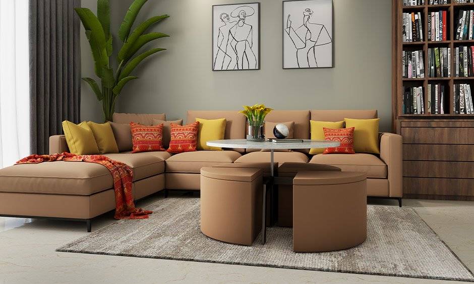 Small living room interior having ottoman with storage