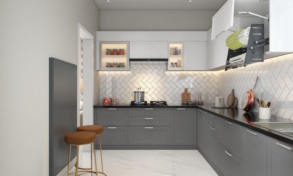 Small modular kitchen design in l-shape layout makes elegant look
