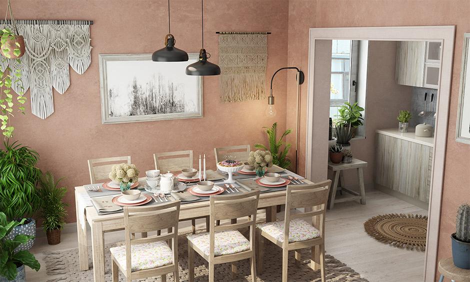 A dining room wall painted in soft pastel colors, creating a fresh and relaxed atmosphere.