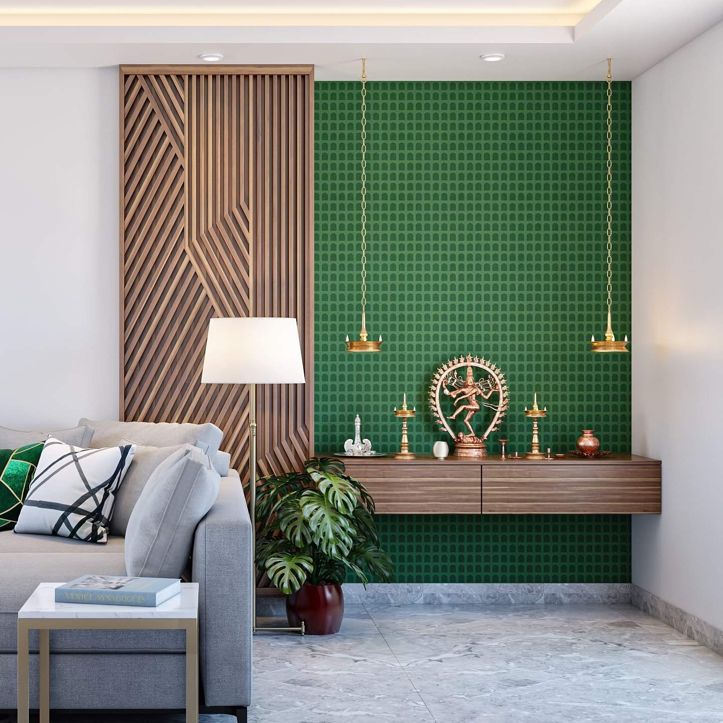 Space saving home interiors Chennai with a wall-mounted pooja mandir unit