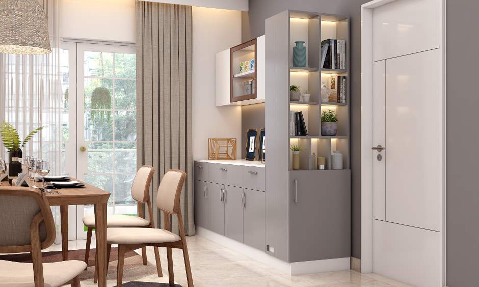 Space-saving dining room side cabinet with pullout wine storage unit