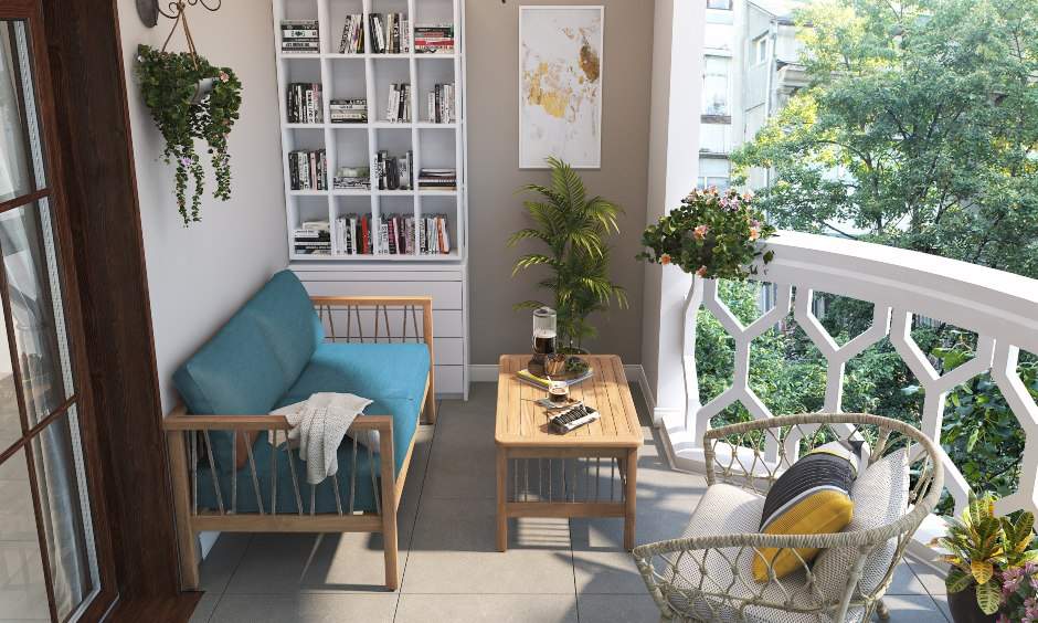 Spacious balcony design with bookshelf