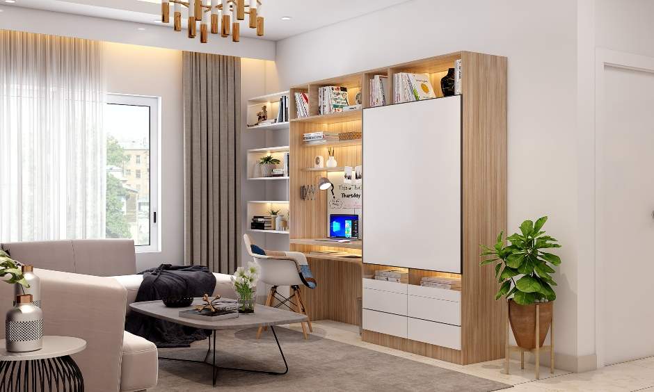 A study cum tv unit with a sliding door design in the living room