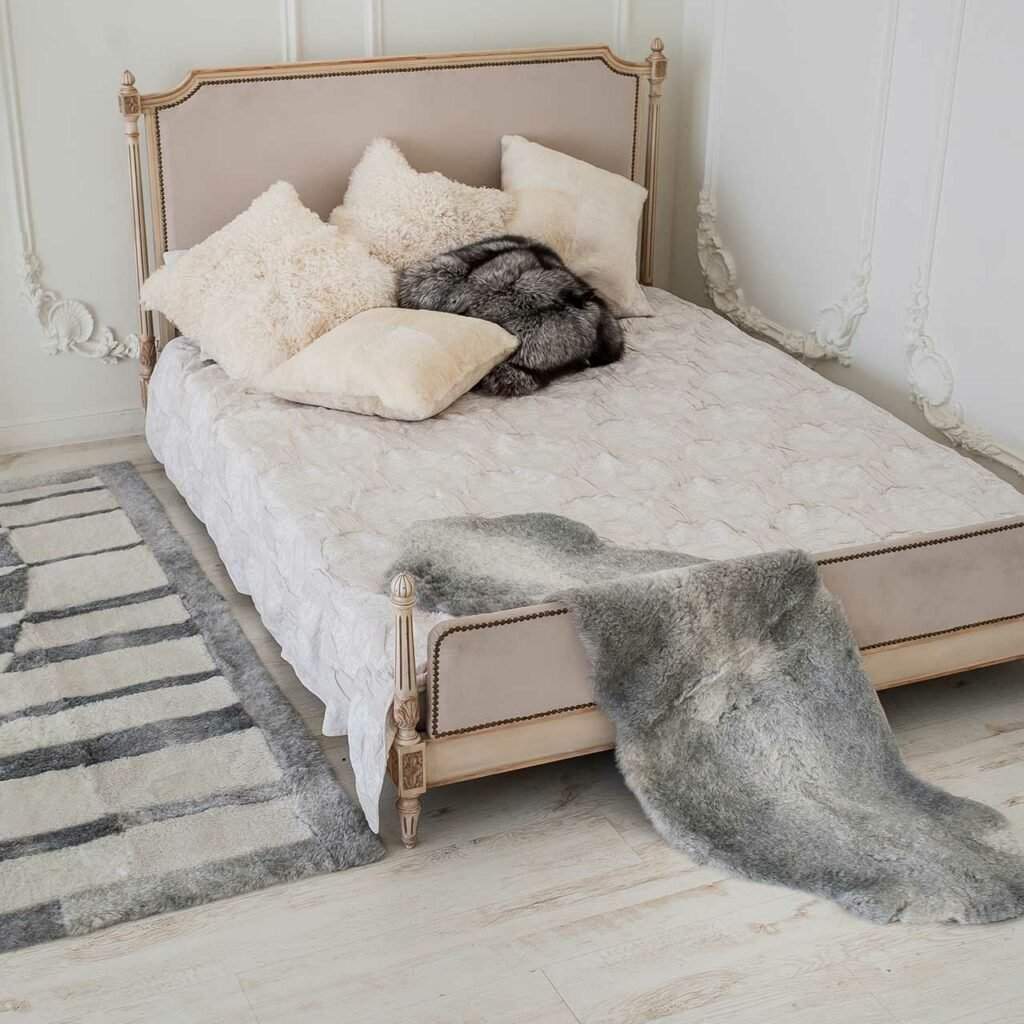 Budget friendly home interior with texture up room with sheepskin rugs pillows