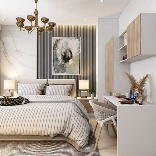 Top home interior designers in Noida designed a bedroom with study unit