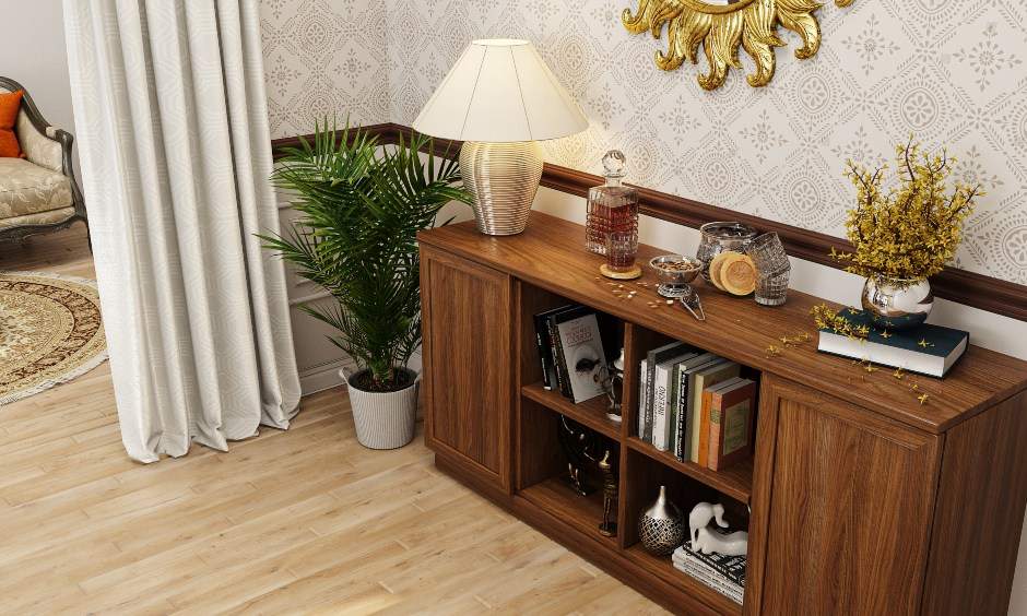 Traditional dining room features a side cabinet with open and closed units for ample storage