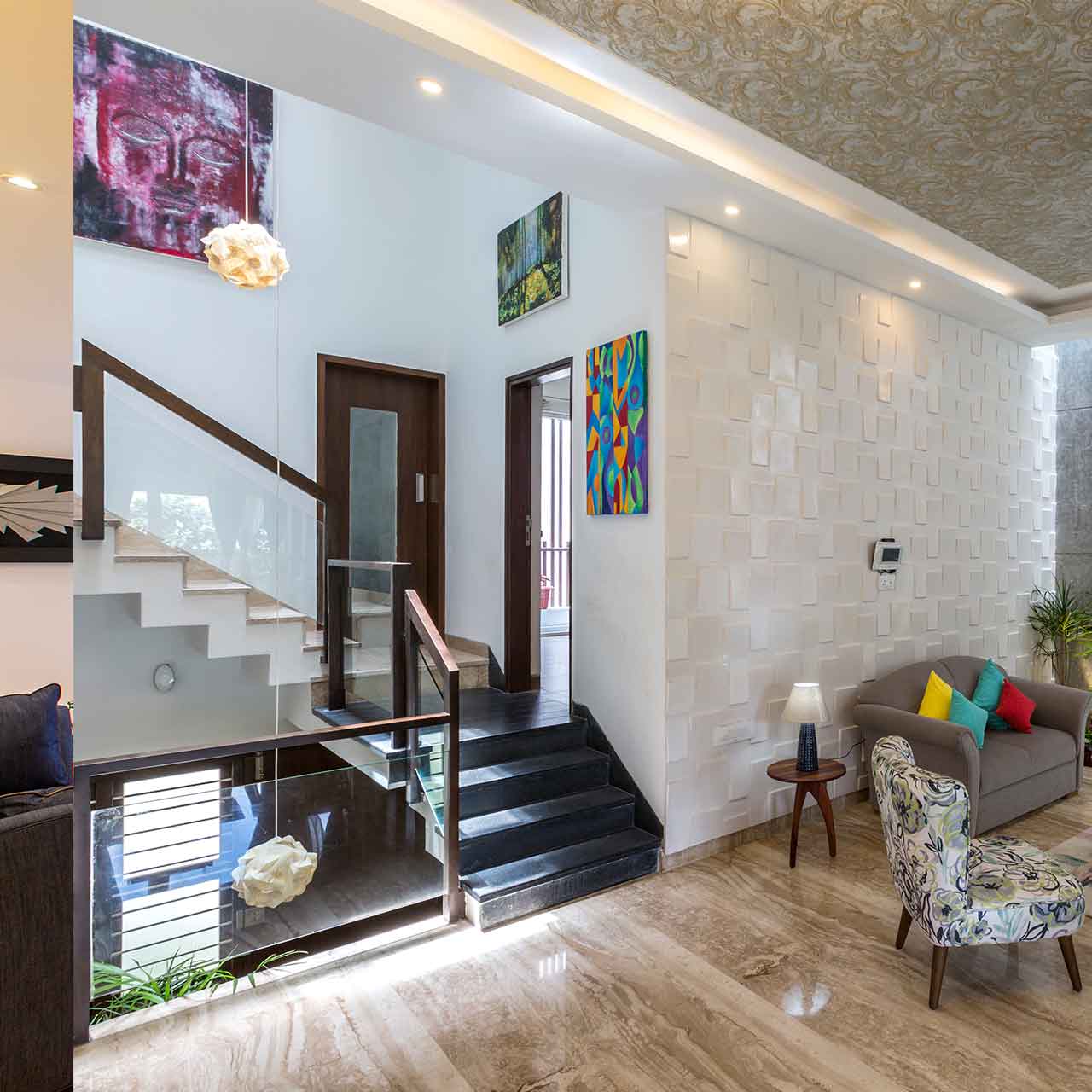 Transitional style living room interiors with a pop of colour, then throw in some coloured pillows