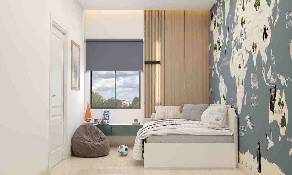 Travel inspired kids bedroom design with a world World map wallpaper