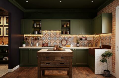 Indian rustic kitchen with teak cabinets, granite worktop, and hanging copper pots.