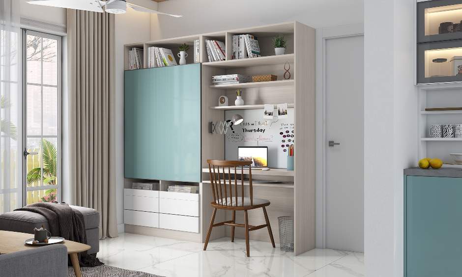 Tv cum home office unit for living room with an adequately broad desk and a keyboard sliding shelf