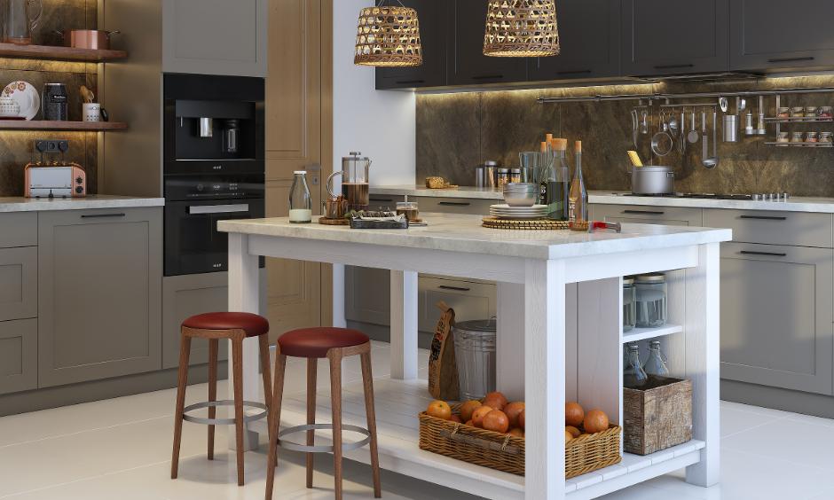 Upcycled table turned into an island counter with storage baskets and jars