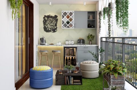 Cosy home room with upcycling interior design using reclaimed wood and vintage decor accents