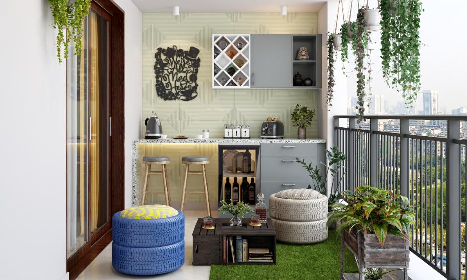 Cosy home room with upcycling interior design using reclaimed wood and vintage decor accents