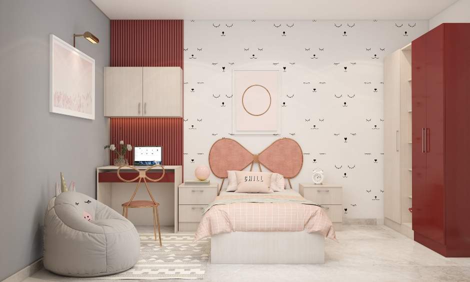 Vibrant kid's bedroom interior includes a single bed with a bow-shaped headboard