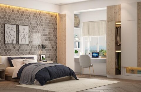 Modern bedroom with hexagon grey wall tiles and a contrasting wooden floor tile design