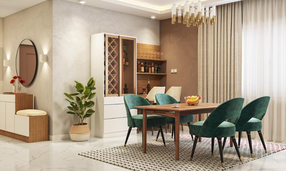 A warm dining area with beige walls, brown accents, and a comfortable ambience.