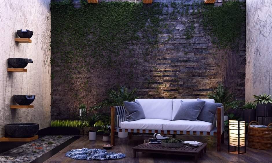 Balcony with wall-mounted water fountain for Vastu balance