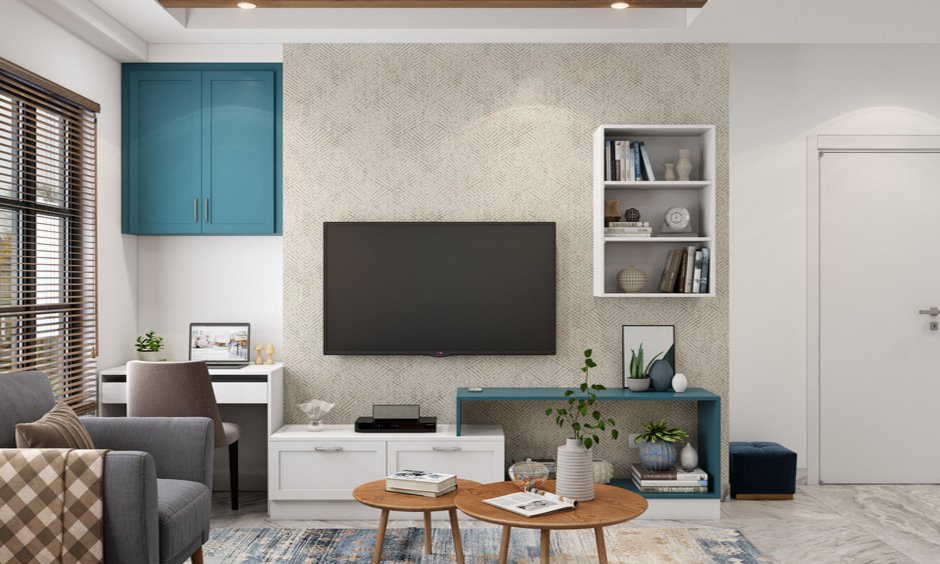 Work from home friendly living room with working table and a tv