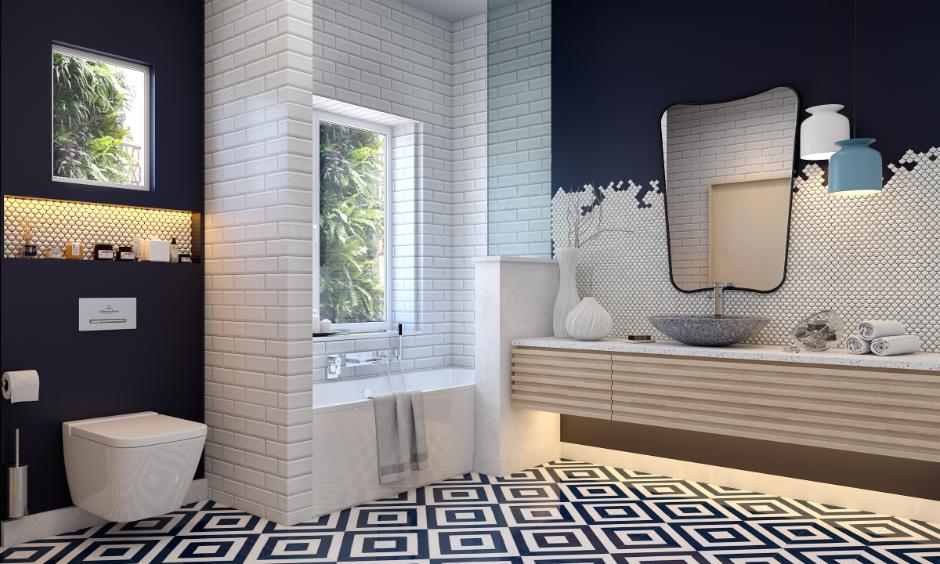 White and bold blue wall tiles colour combination for a refreshing look