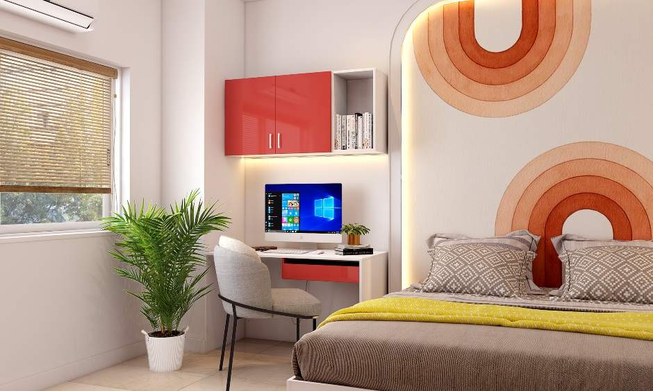 White and orange bedroom design comes with study corner