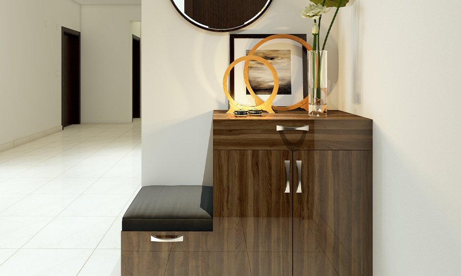 Wooden shoe rack with a seat in glossy finish