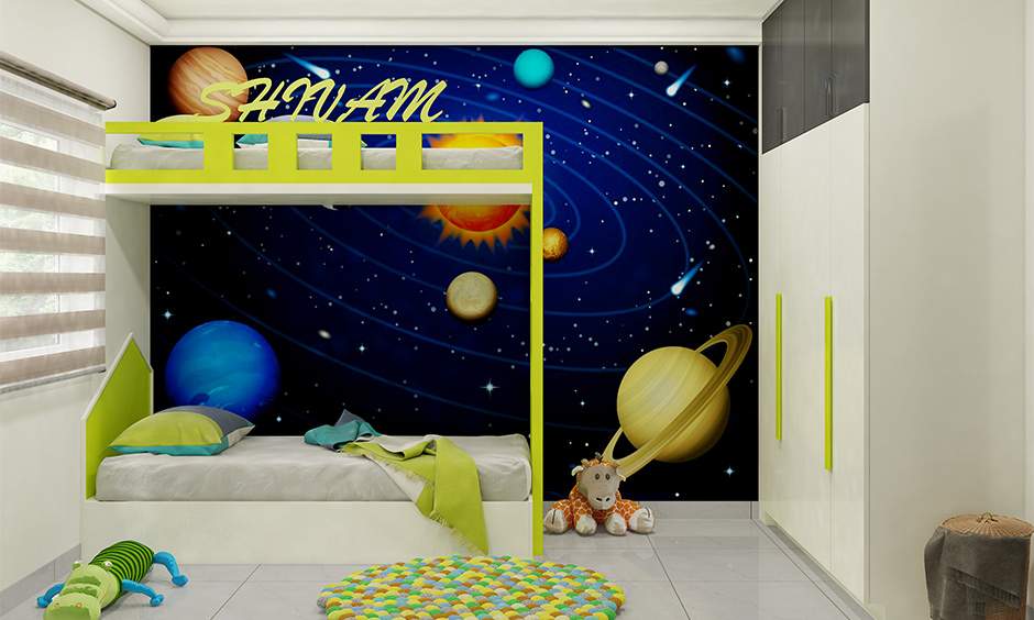 Yellow and blue bedroom for kids with space theme and white ceiling