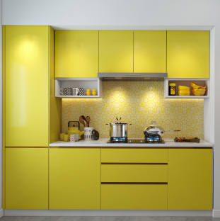 Yellow modular kitchen cabinets design in Noida, Uttar Pradesh